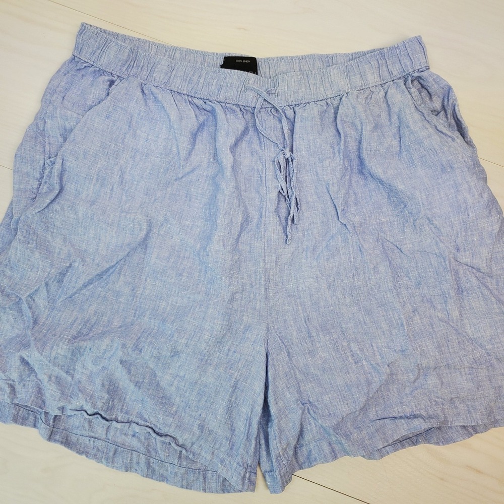 Tahari Womens 1X Blue 100% Linen Drawstring Elastic Waist Shorts Coastal Grandma